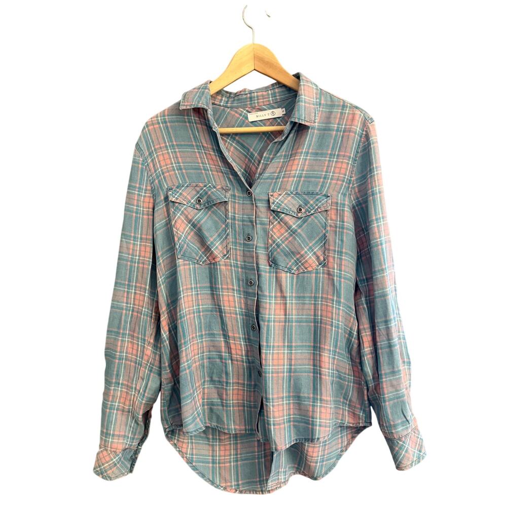 Billy T Plaid Button Down Shirt Lace-Up Back Hi-Low Hem Women’s Small‎